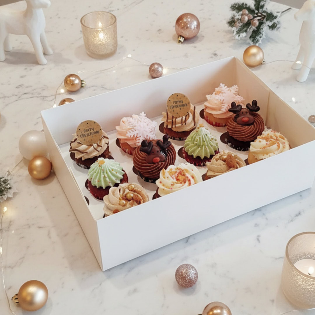 Christmas Mini Cupcakes - box of 12 with seasonal decorations