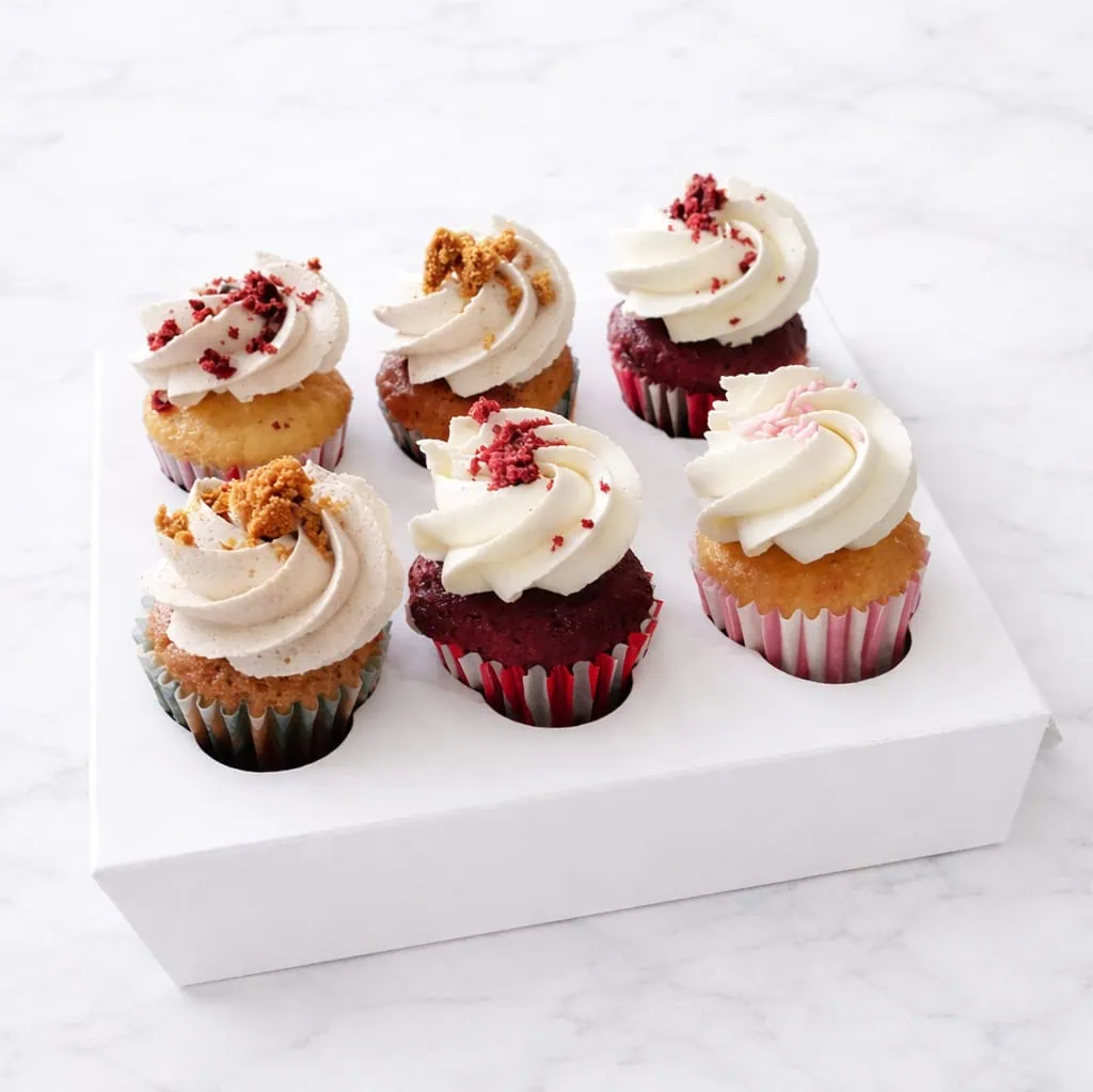 Customizable Vegan Delight Mini Cupcake Box featuring assorted flavors like Vegan Red Velvet and Vegan Vanilla
