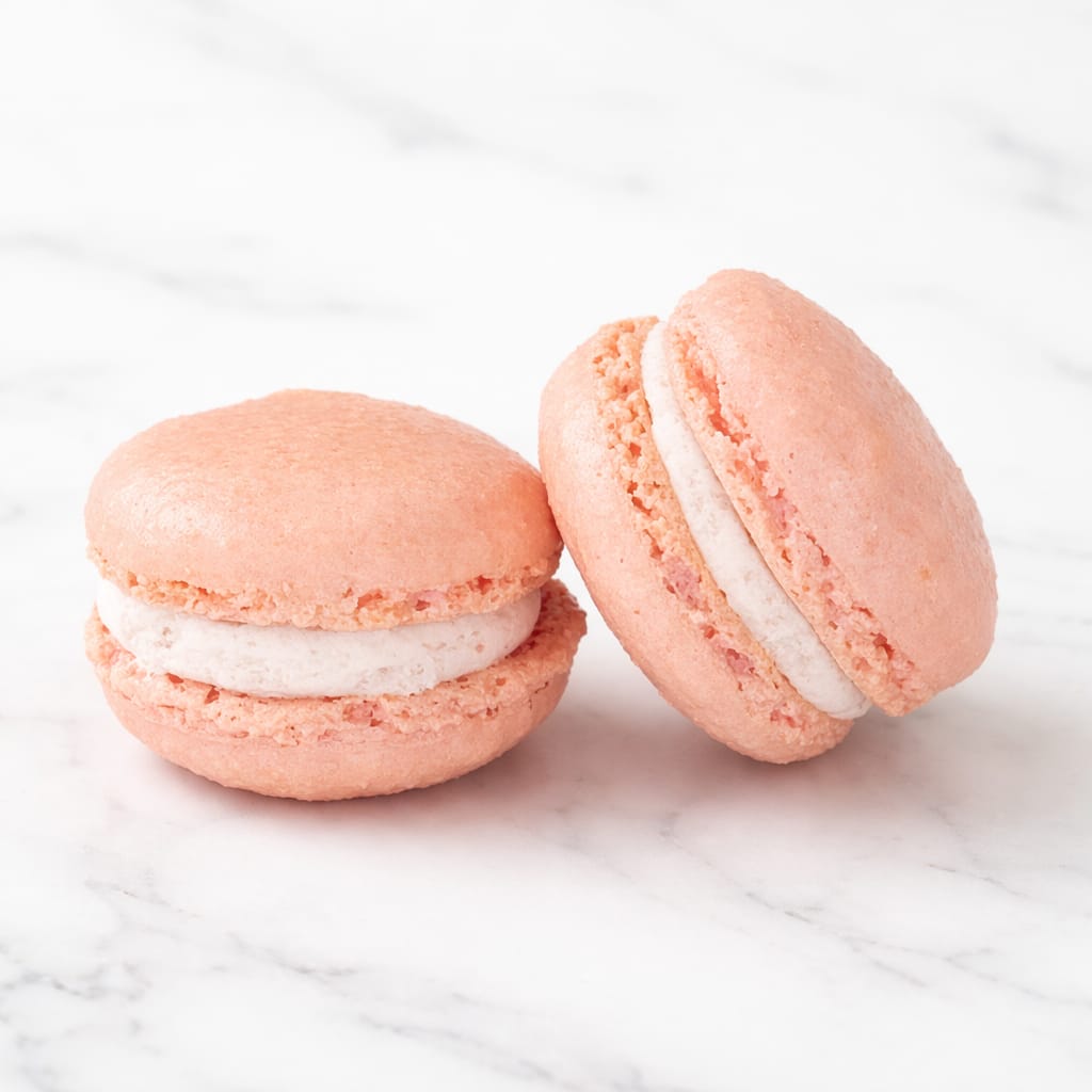 Vibrant Strawberry Macaron with a natural strawberry filling.