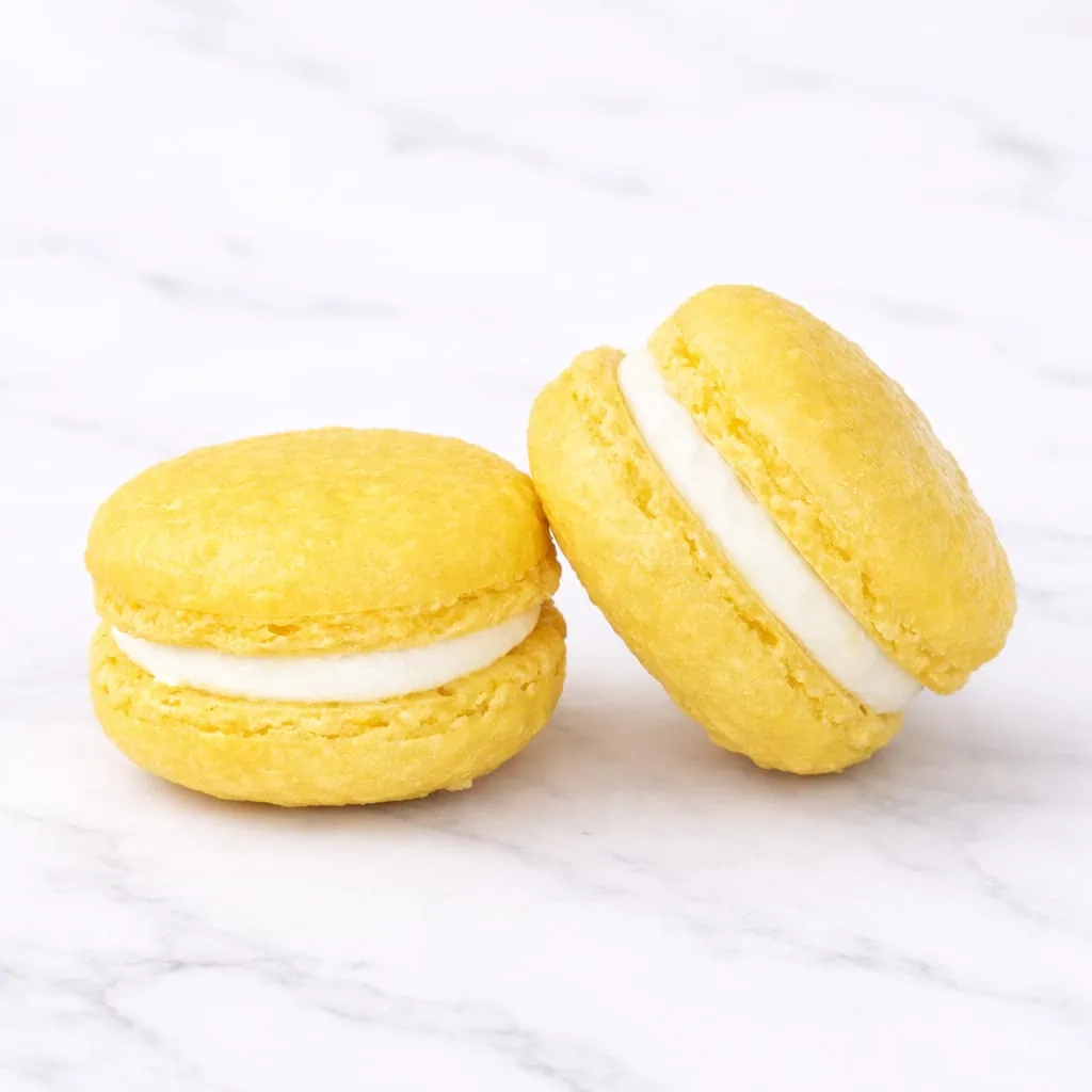 Refreshing lemon macaron with a vibrant citrus filling.