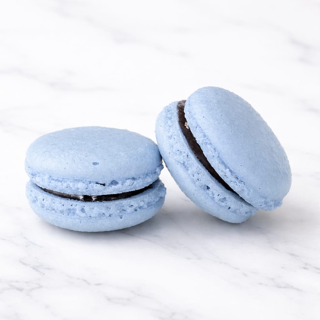 Light blue shell Blueberry Macaron with natural blueberry filling.