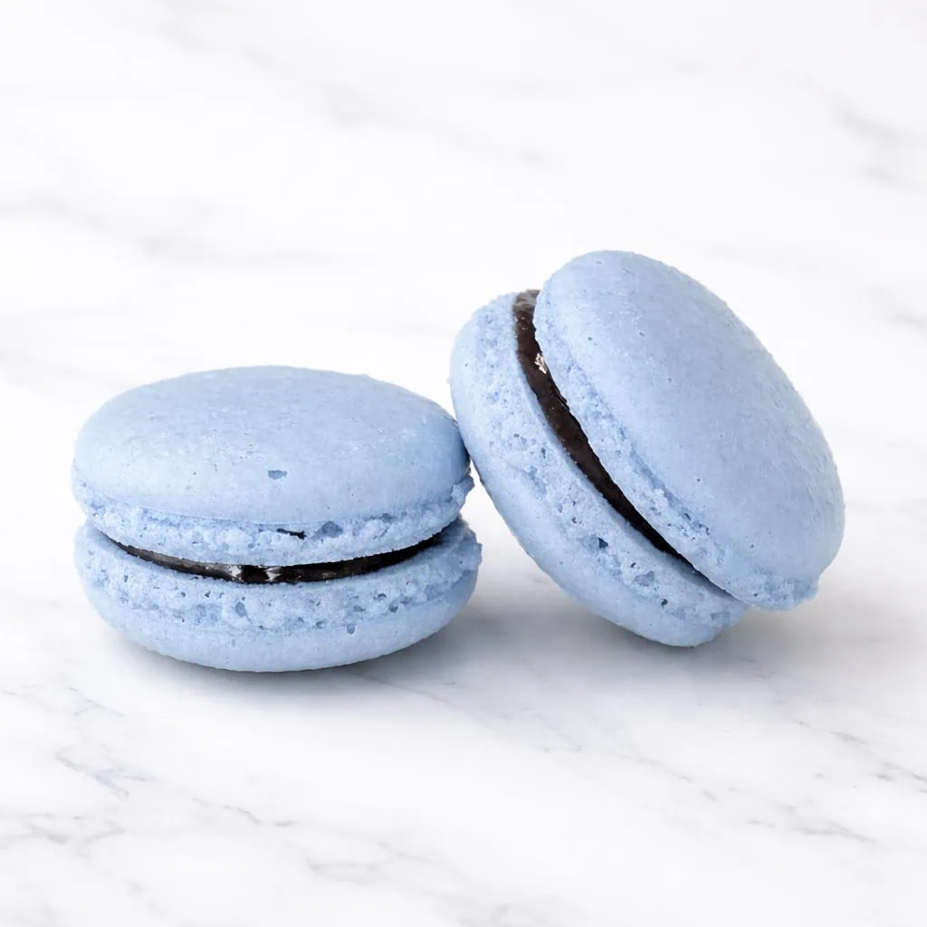 Light blue shell Blueberry Macaron with natural blueberry filling.