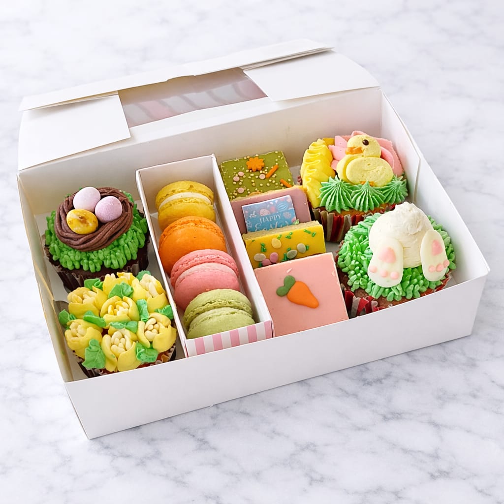 Spring Treats Gift Box with cupcakes, mini brownies, macarons, and cakepops in pastel colors