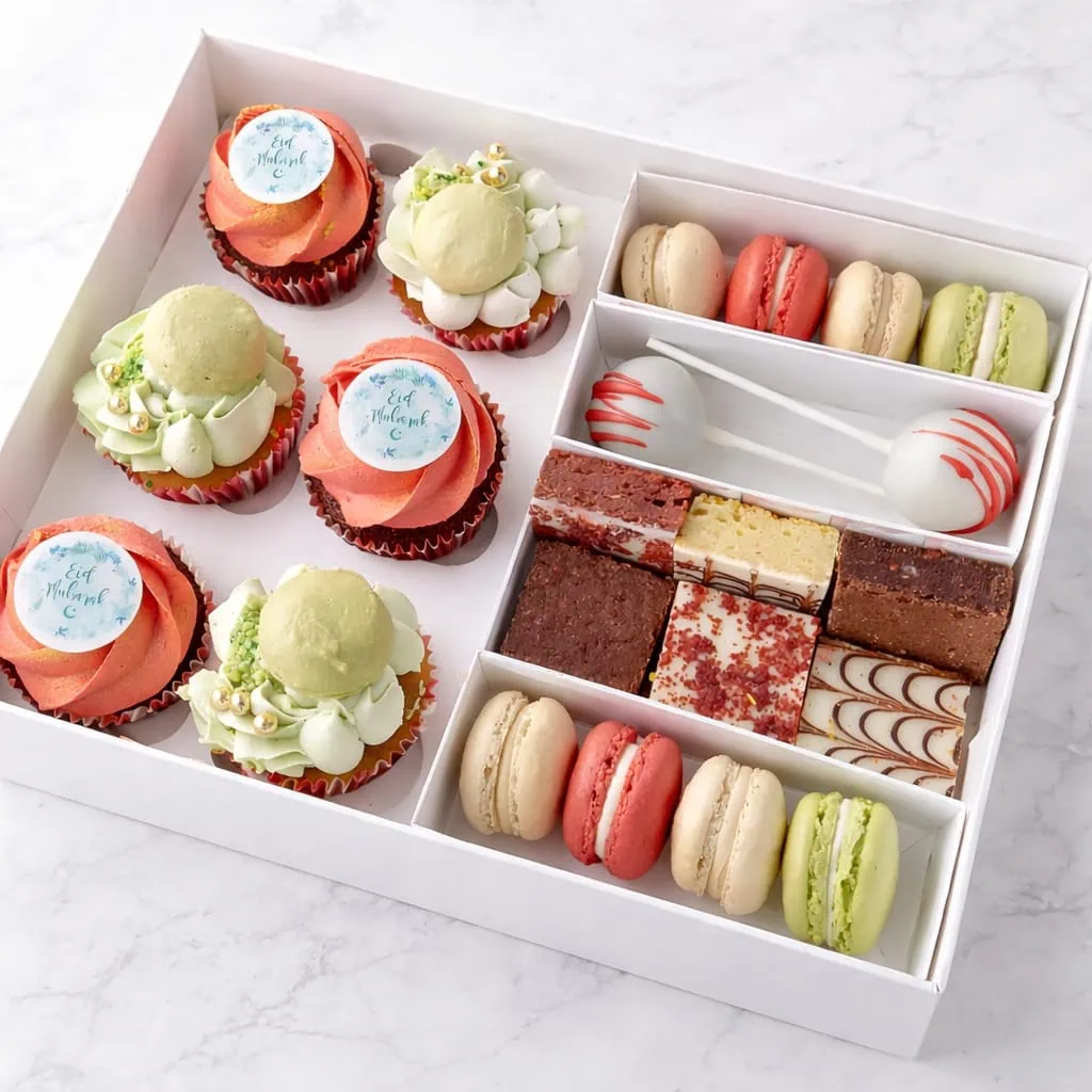 Suikerfeest Party Box with cupcakes, macarons, cakepops, brownies, and blondies
