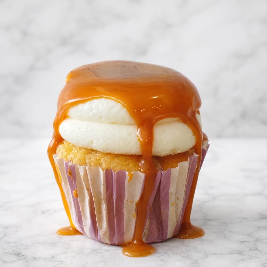 Salted caramel cupcake with caramel filling and vanilla