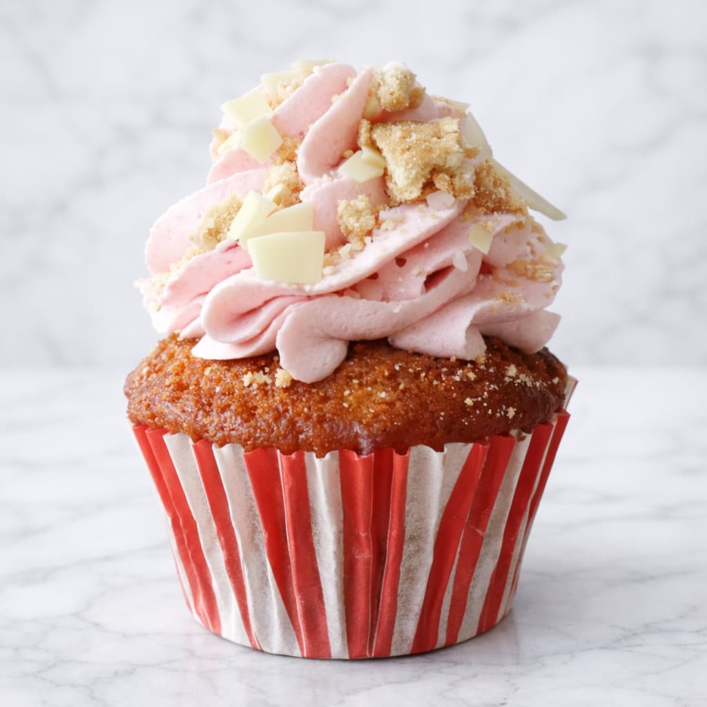 Strawberry cheesecake cupcake with vanilla cake and cream cheese topping.