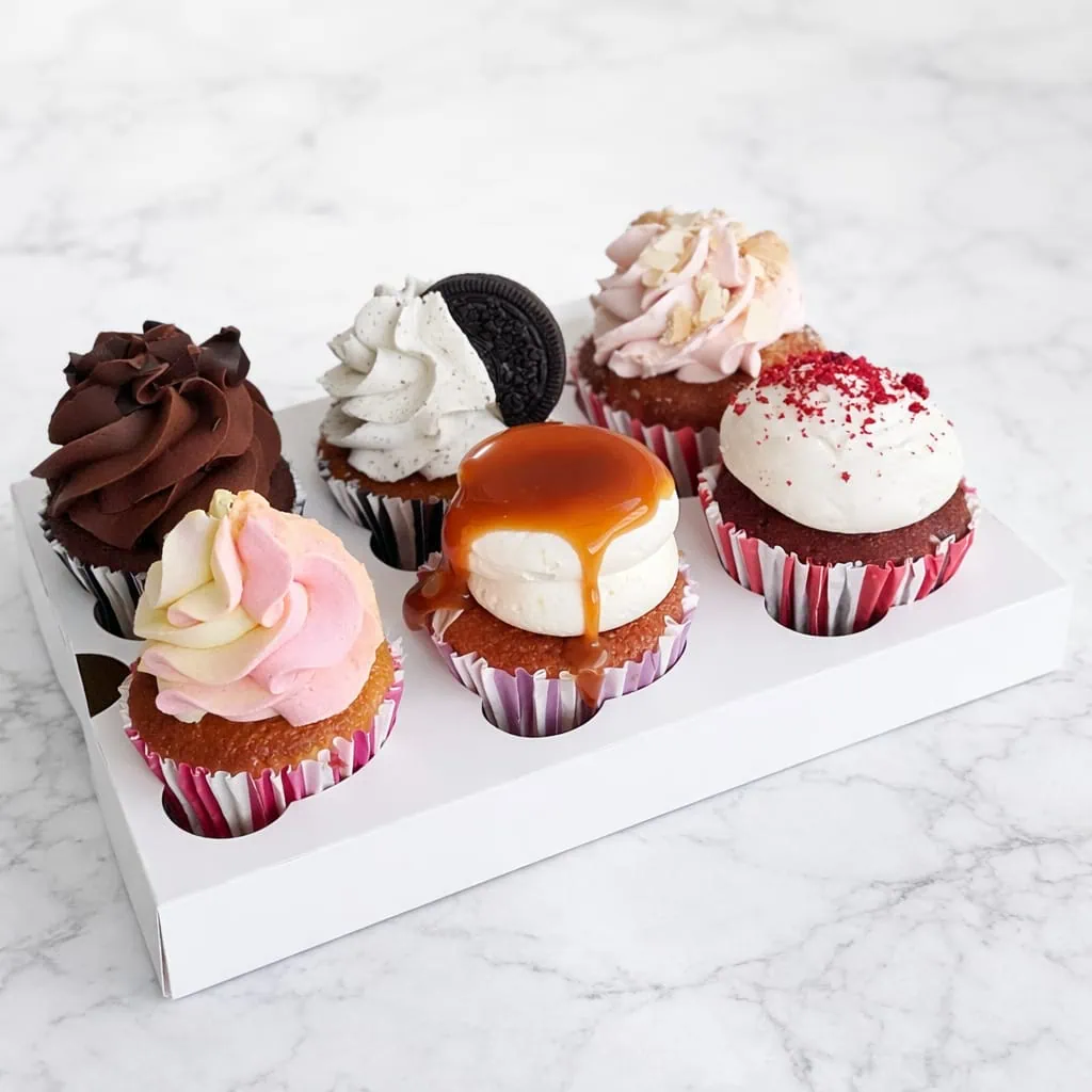 Classic assorted cupcakes box with flavors including Vanilla, Chocolate, and Red Velvet