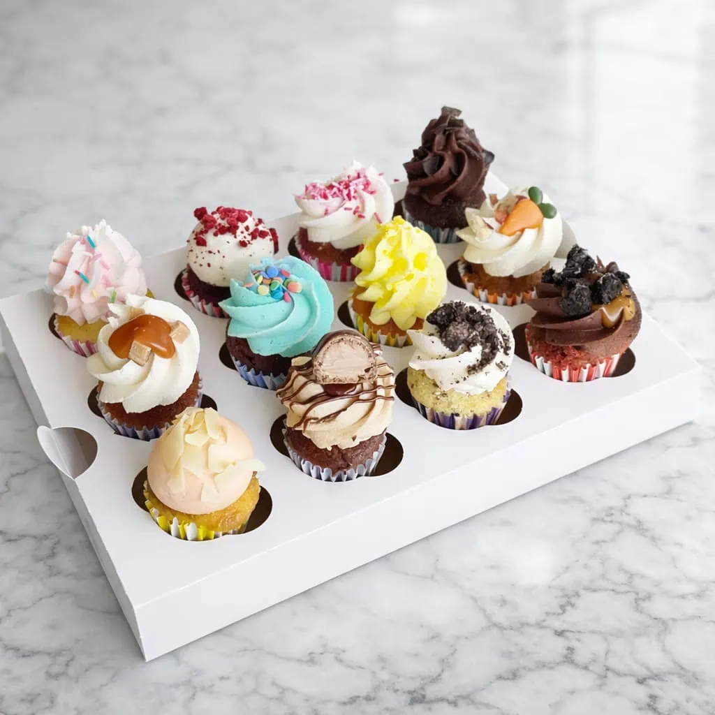 Assorted mini cupcakes box with flavors like Red Velvet, Oreo, Salted Caramel and Strawberry Cheesecake