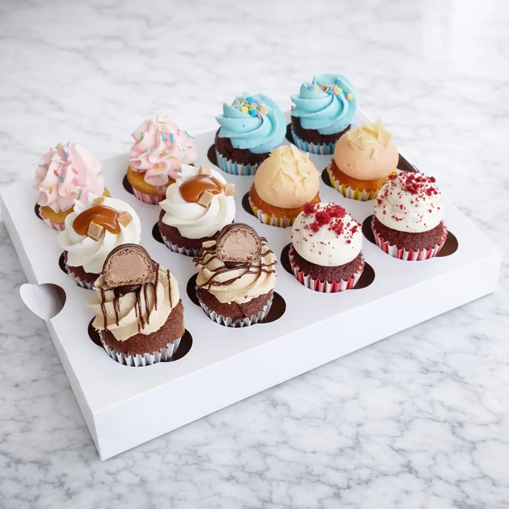 12 Mini Cupcakes Box with assorted selection of 12 mini cupcakes in flavors like Red Velvet, Oreo, and Bueno displayed in a box