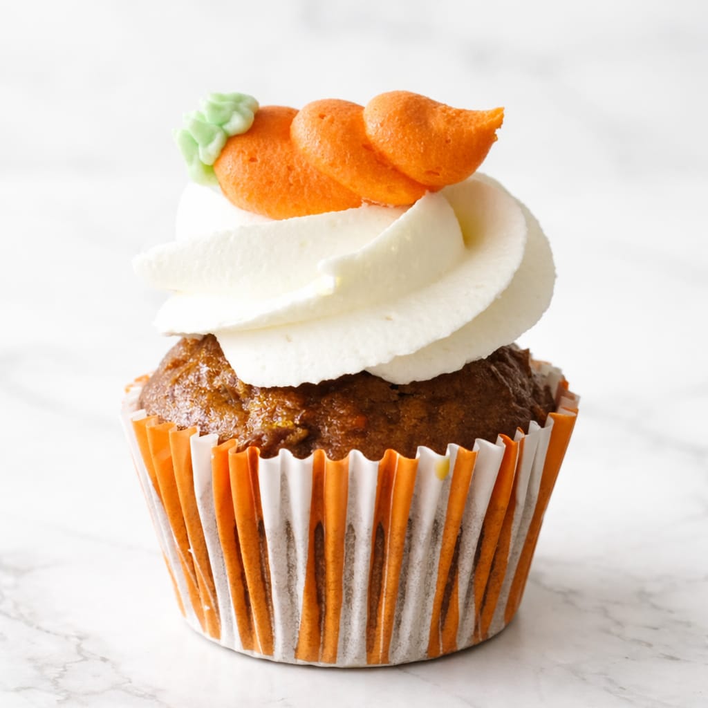 Moist carrot cupcake topped with smooth cream cheese frosting and a fondant carrot decoration.