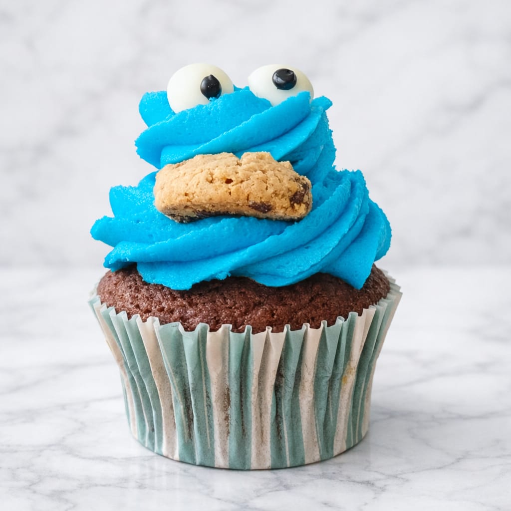 Chocolate Cookie Monster cupcake with blue vanilla buttercream and mini cookie