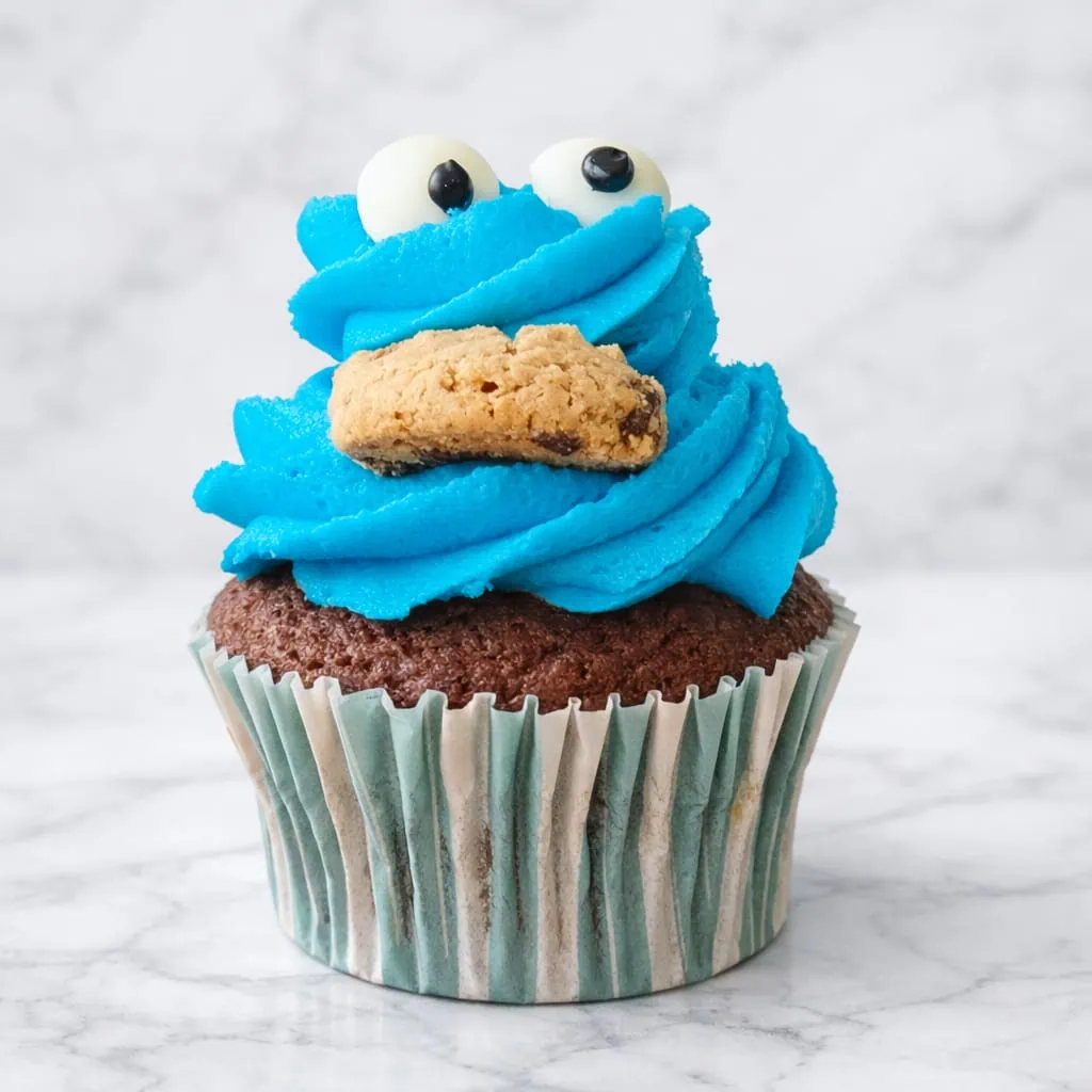 Chocolate Cookie Monster cupcake with blue vanilla buttercream and mini cookie