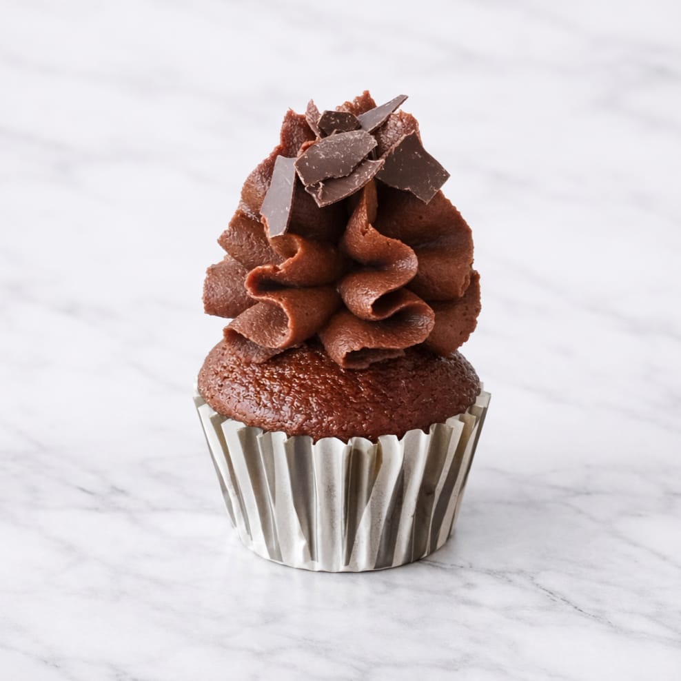 Mini chocolate cupcake with rich cocoa base and chocolate buttercream frosting.