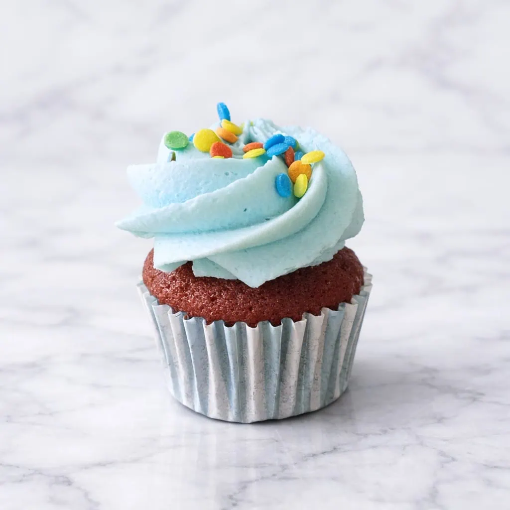 Mini Chocolate Vanilla cupcake with blue vanilla buttercream frosting.