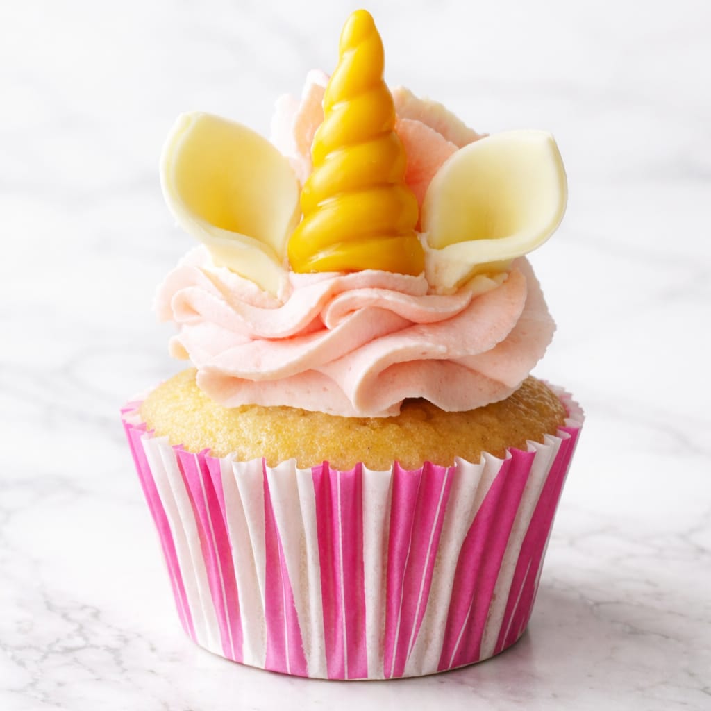 Unicorn cupcake with pink buttercream and gold fondant decorations.