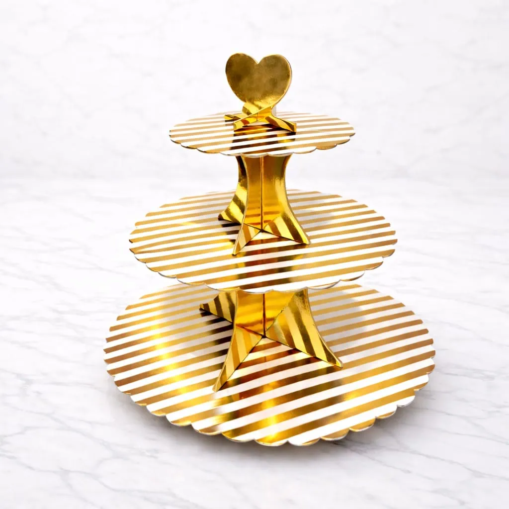 Cake stand - White/gold 3-tier cardboard cake stand with scalloped edges.