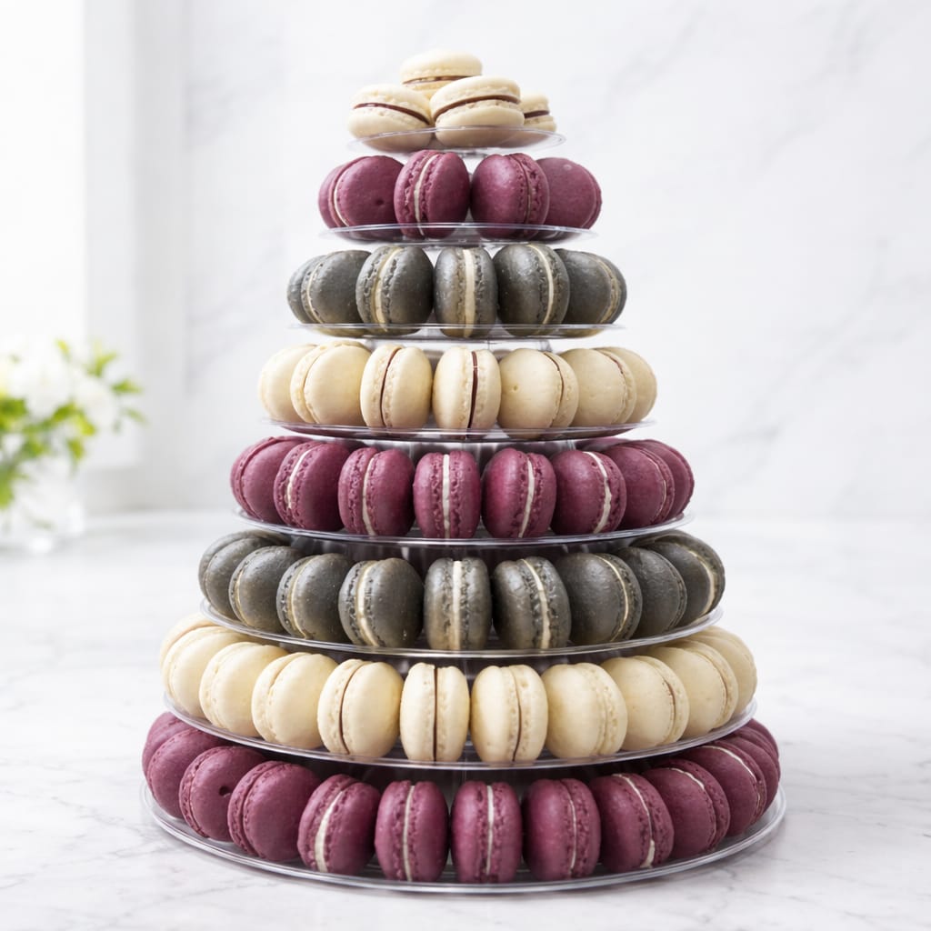Elegant macaron tower with assorted flavors on display.