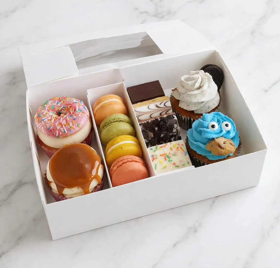 Colorful birthday gift box containing themed cupcakes, brownies, and macarons