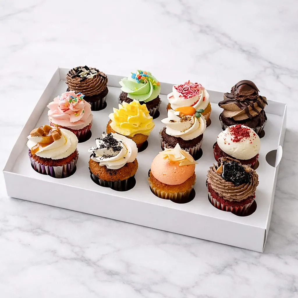 12 Mini Cupcakes Box with assorted selection of 12 mini cupcakes in flavors like Red Velvet, Oreo, and Bueno displayed in a box