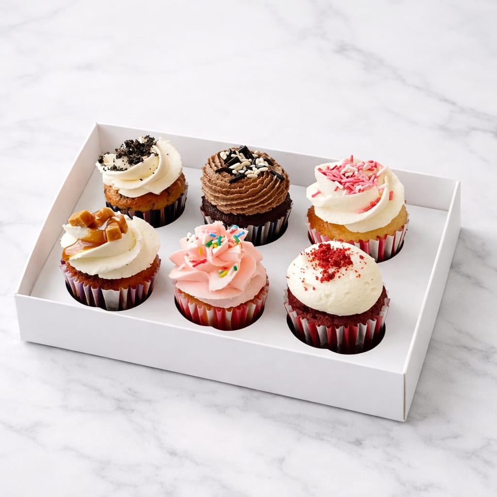 Favorite Mini Cupcakes Box with 6 assorted mini cupcakes in popular flavors.