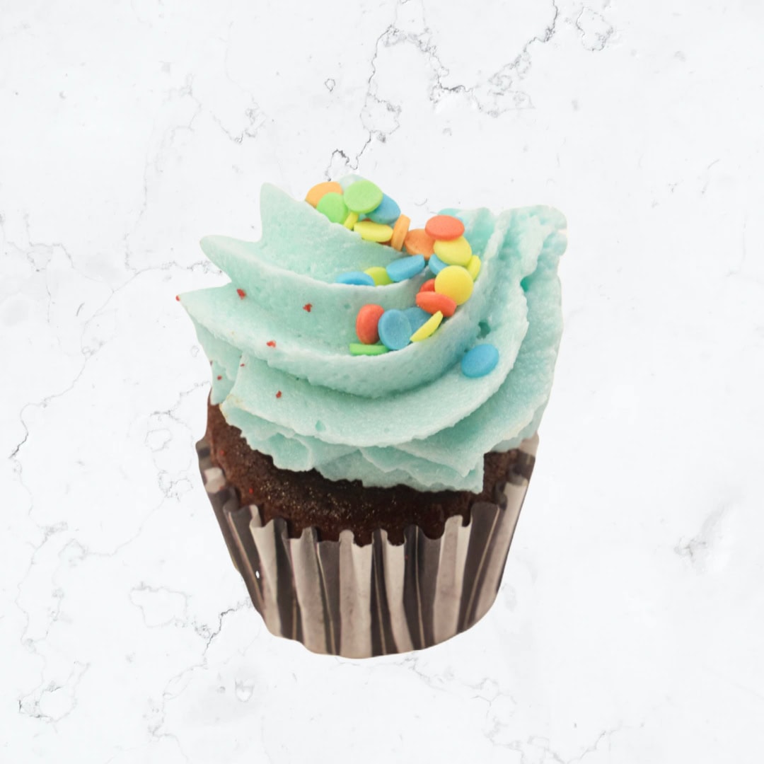 Mini Chocolate Vanilla cupcake with blue vanilla buttercream frosting.
