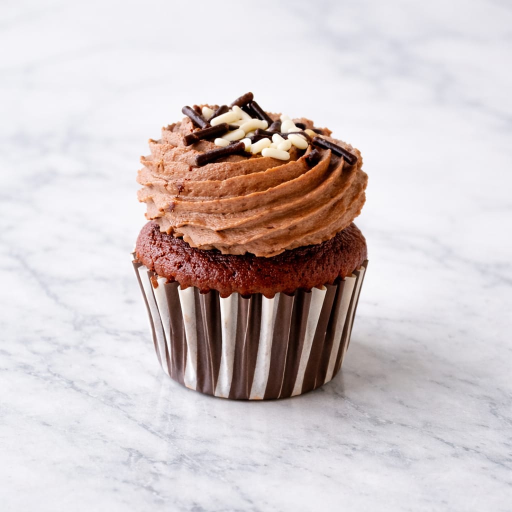 Mini chocolate cupcake with rich cocoa base and chocolate buttercream frosting.