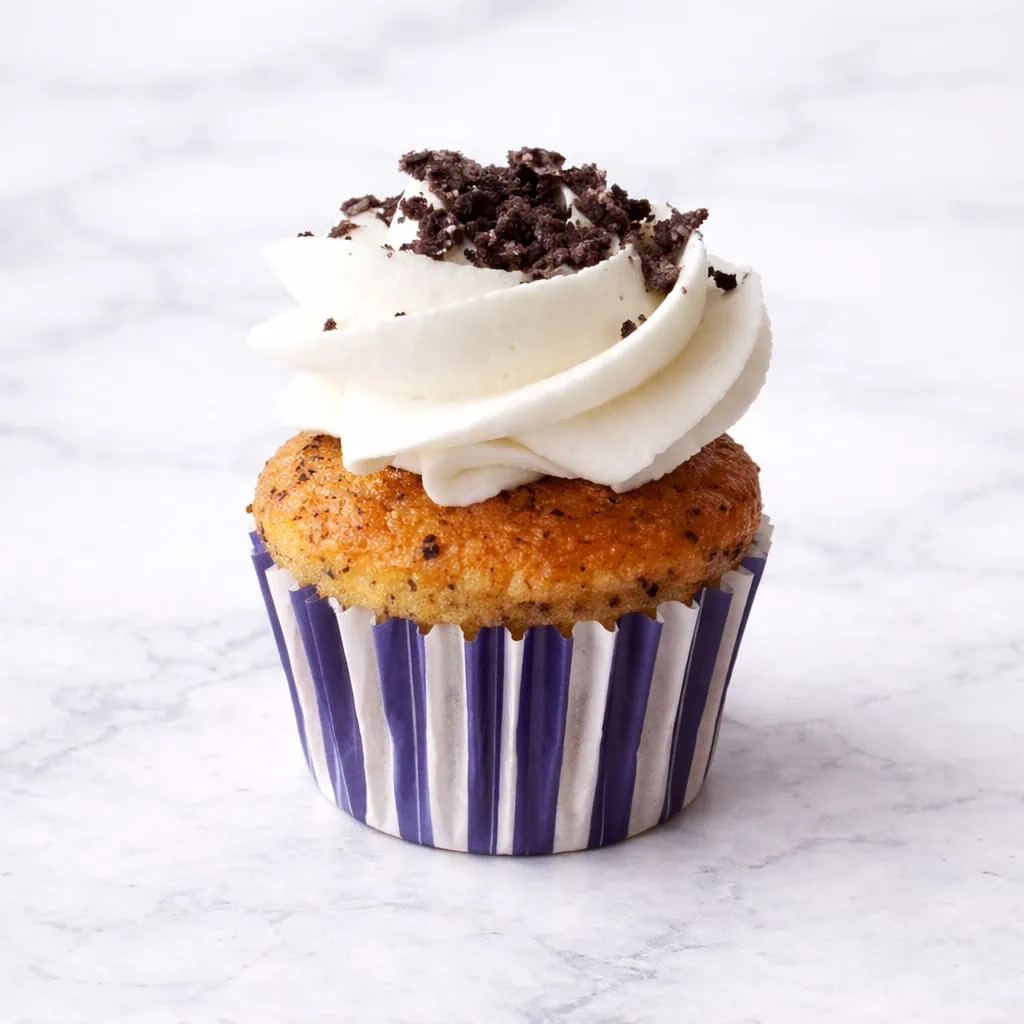 Mini cookies and cream cupcake with Oreo crumbs on top.