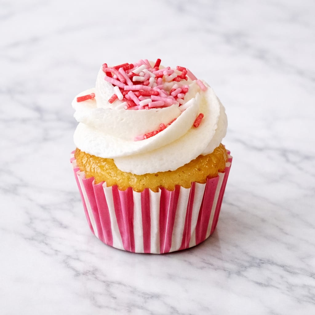 Mini strawberry cheesecake cupcake with cream cheese frosting.