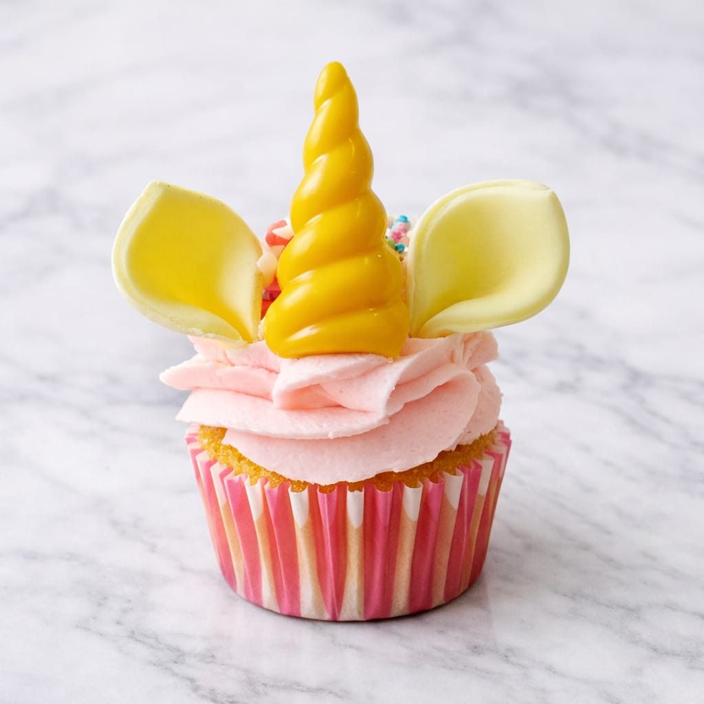 Mini unicorn cupcake with pink buttercream and gold unicorn decorations.