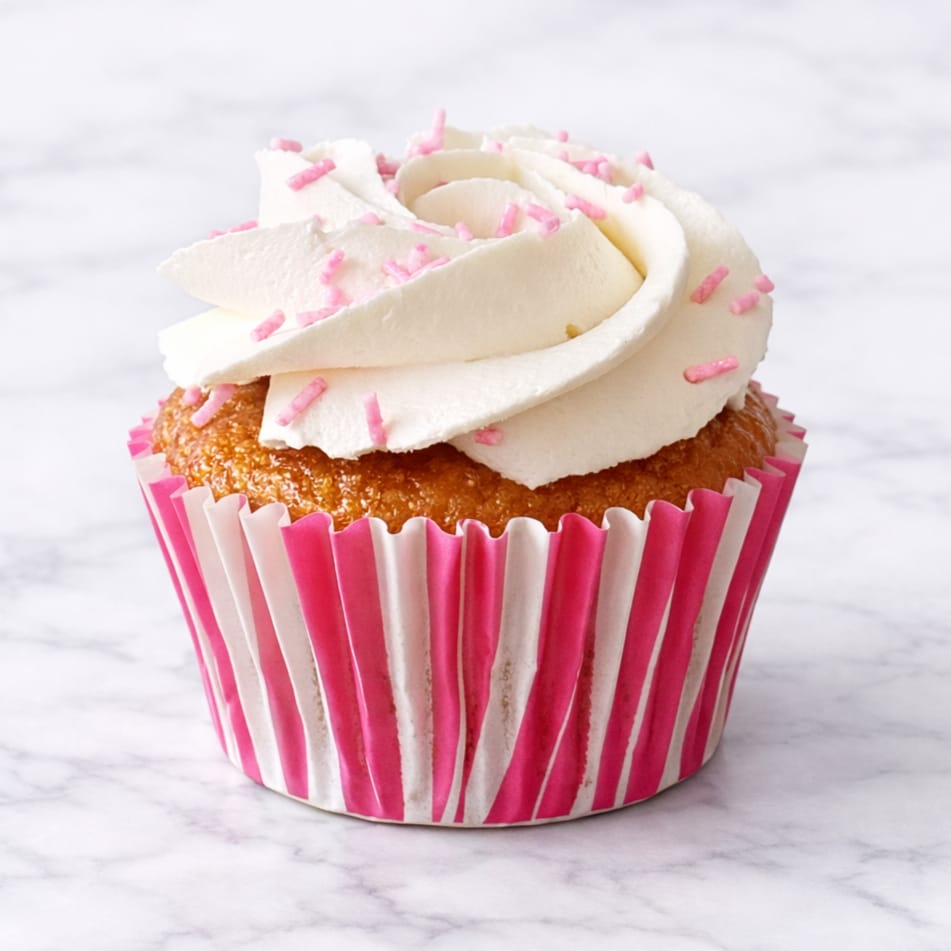 Vegan vanilla cupcake with creamy vegan frosting.