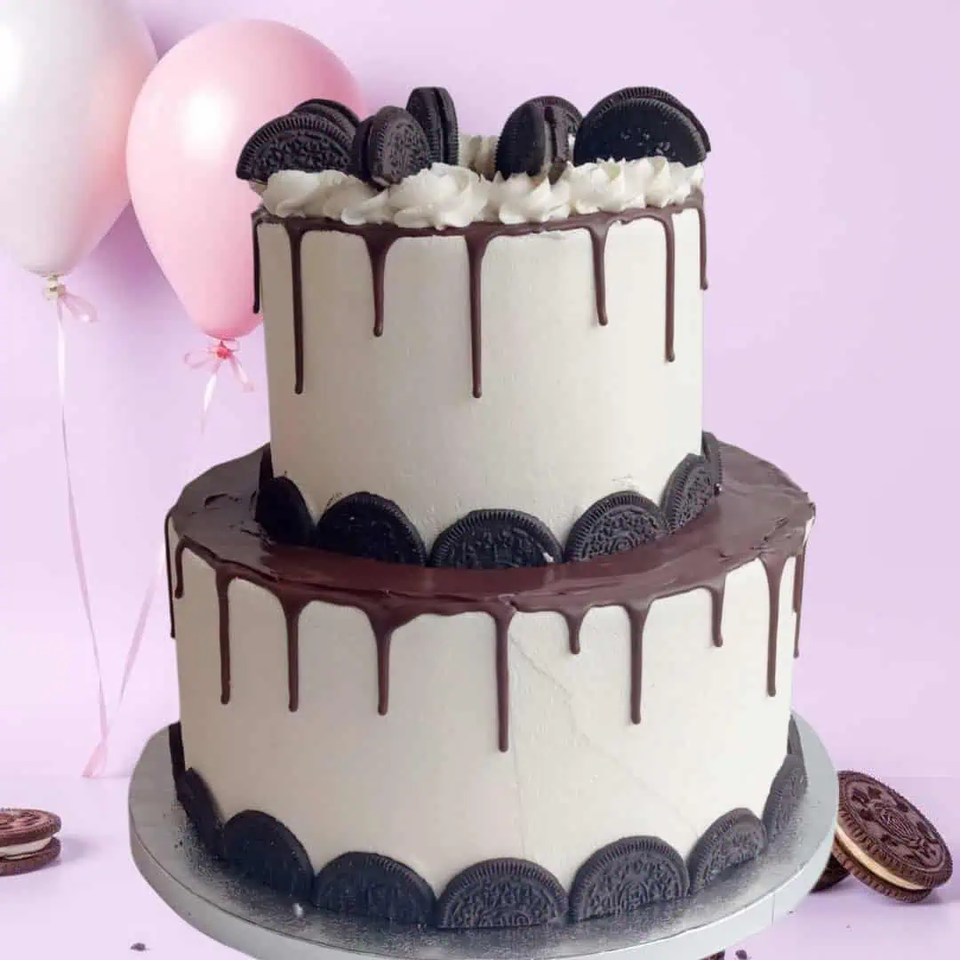 2 Tier Oreo Drip Cakewith chocolate drip for celebrations.