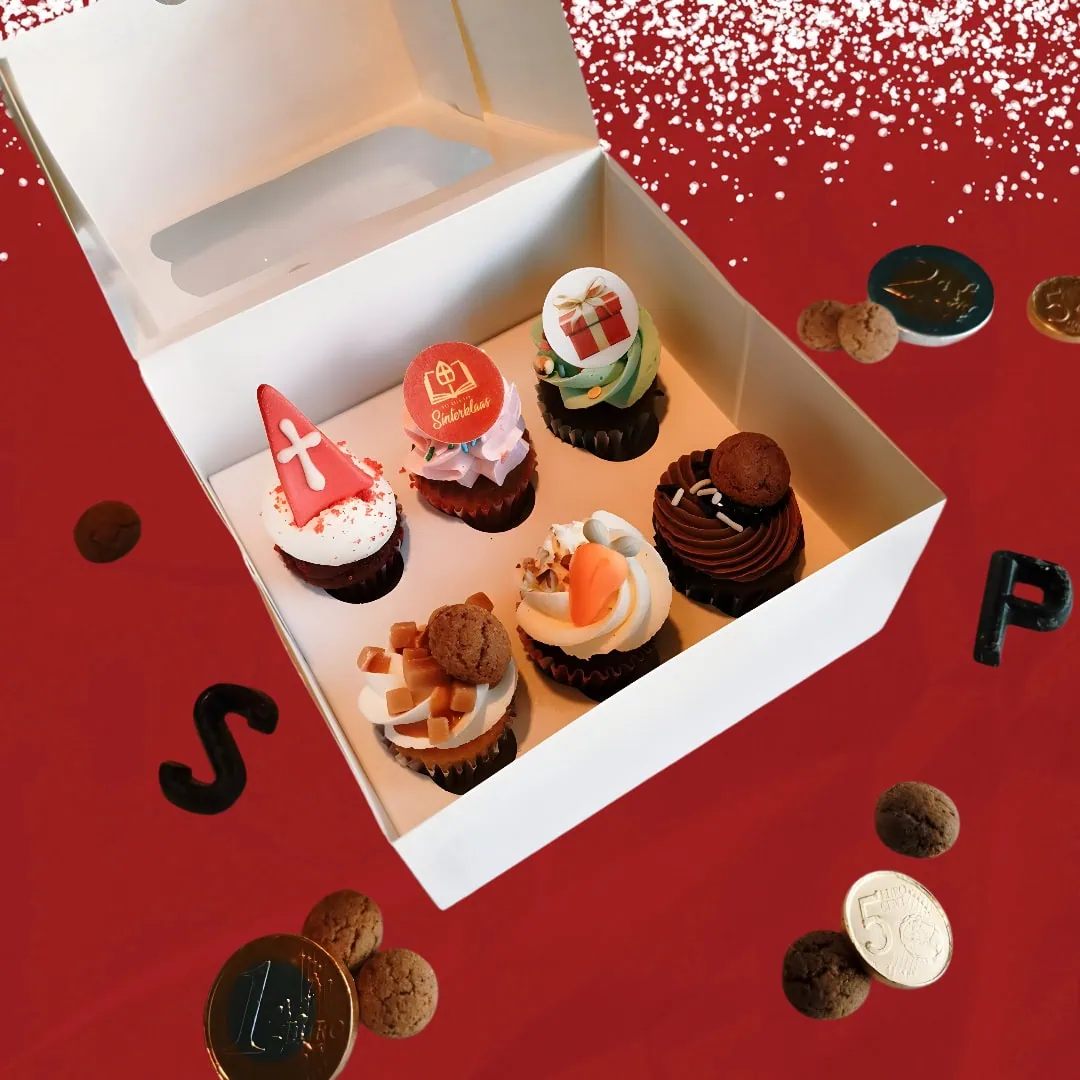 Sinterklaas mini cupcakes box themed cupcakes with festive decorations