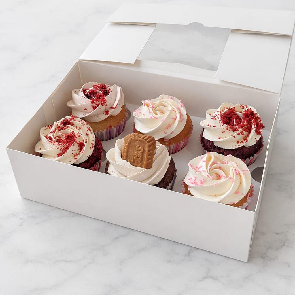 6 cupcakes box with flavors including Red Velvet and Cherry Cheesecake