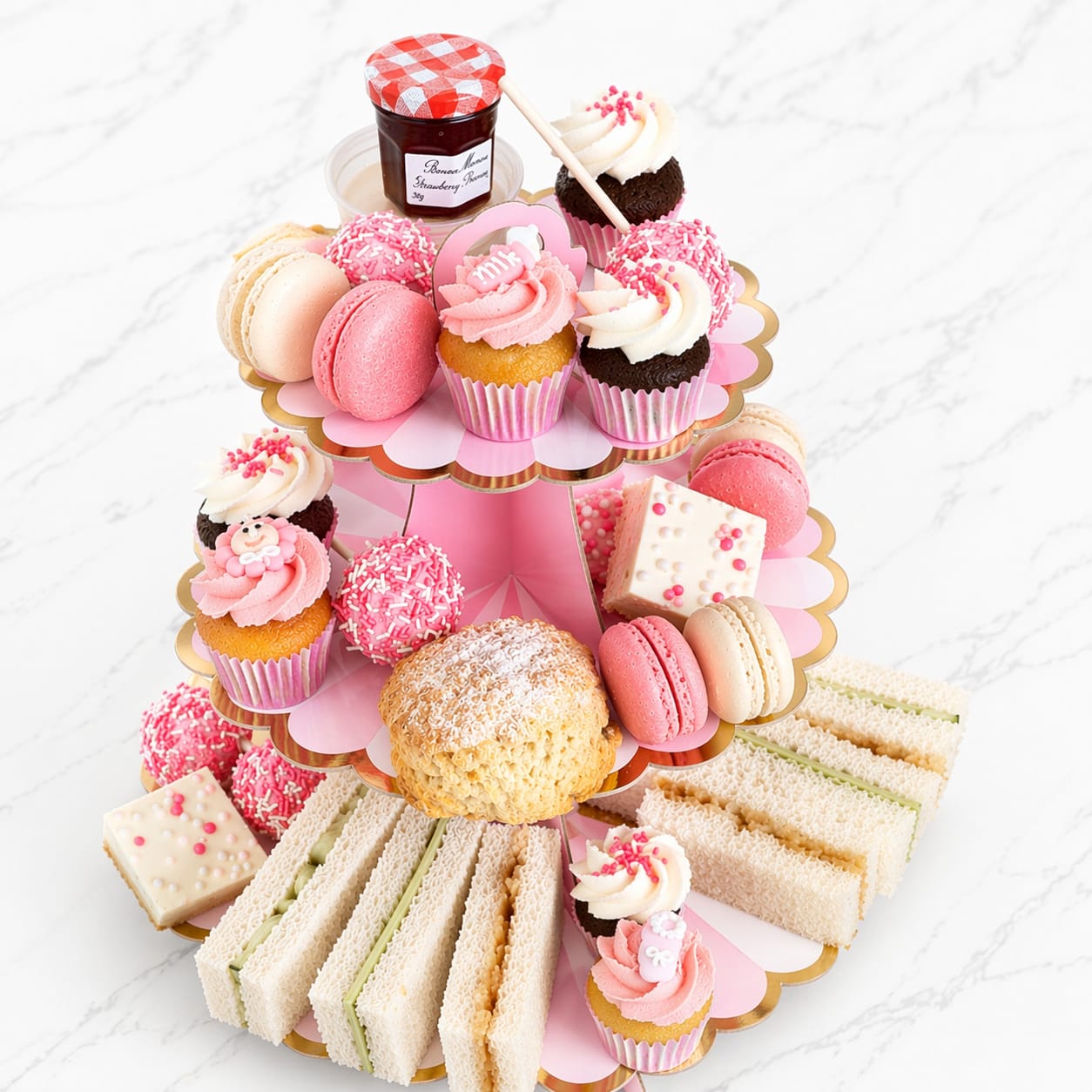 Babyshower High Tea Box in baby pink or blue with assorted treats"