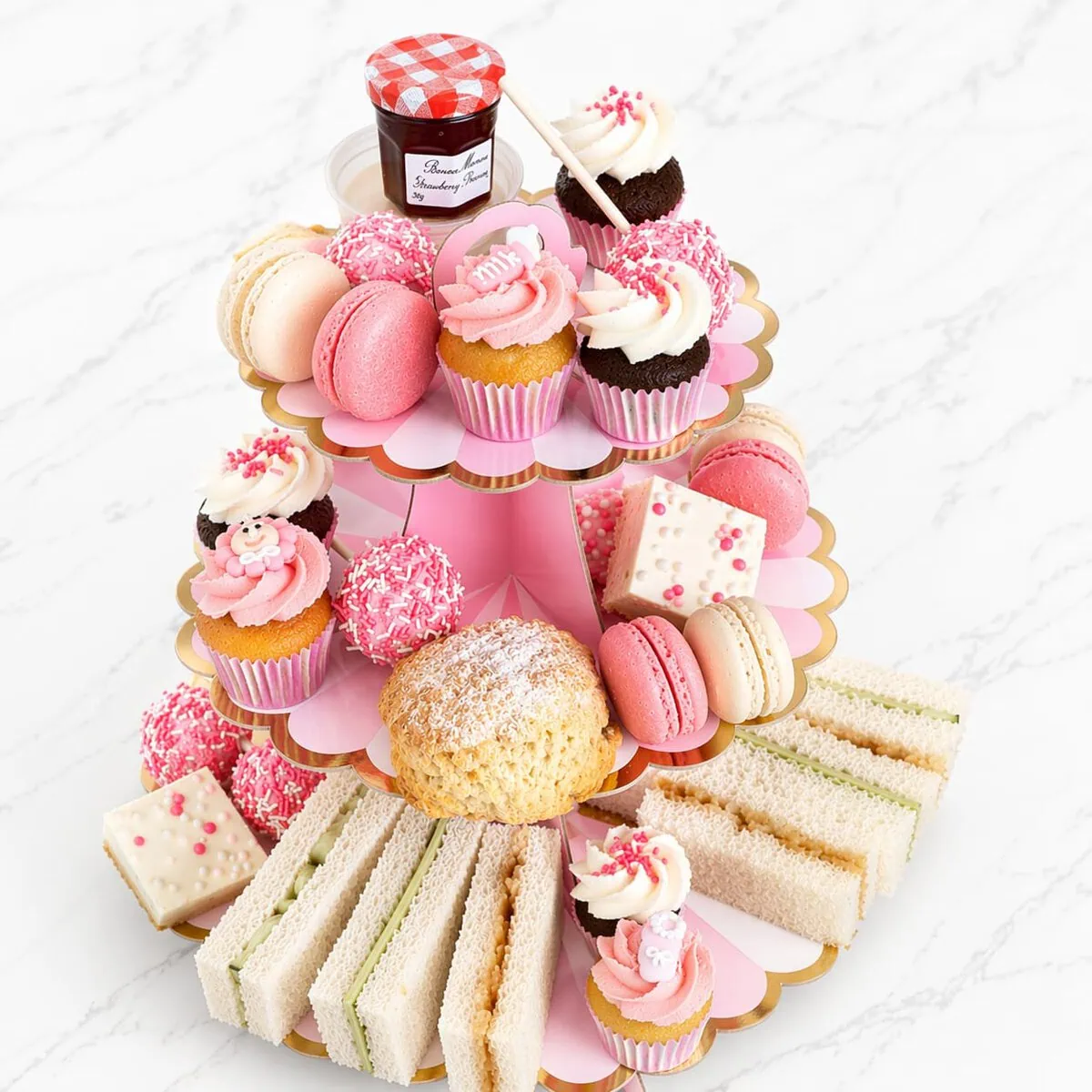 Babyshower High Tea Box in baby pink or blue with assorted treats"