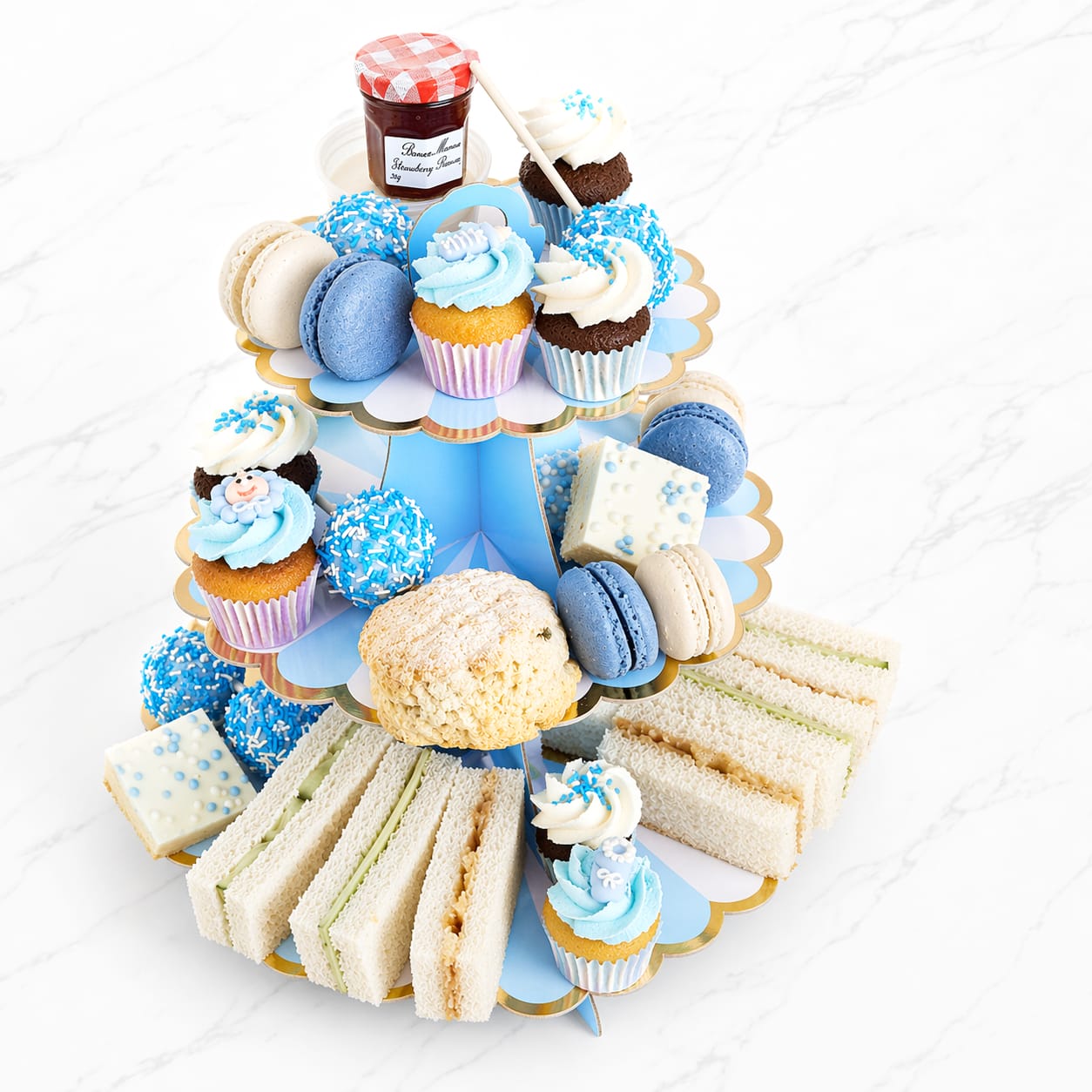 Babyshower High Tea Box in baby pink or blue with assorted treats"