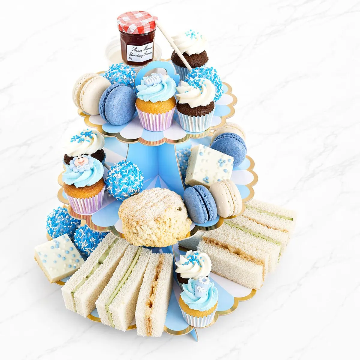 Babyshower High Tea Box in baby pink or blue with assorted treats"