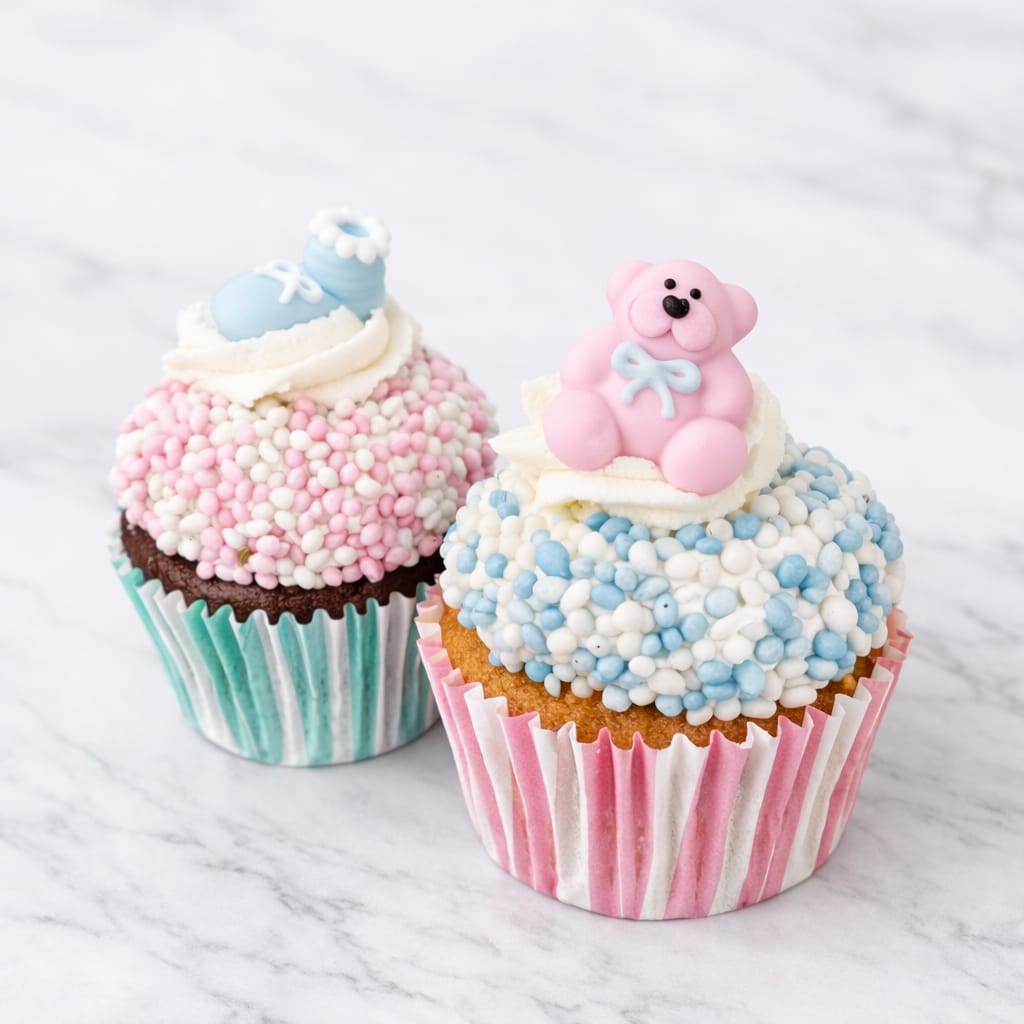 Cupcakes with pink and blue decorations, sold in multiples of 2, featuring a surprise filling inside.