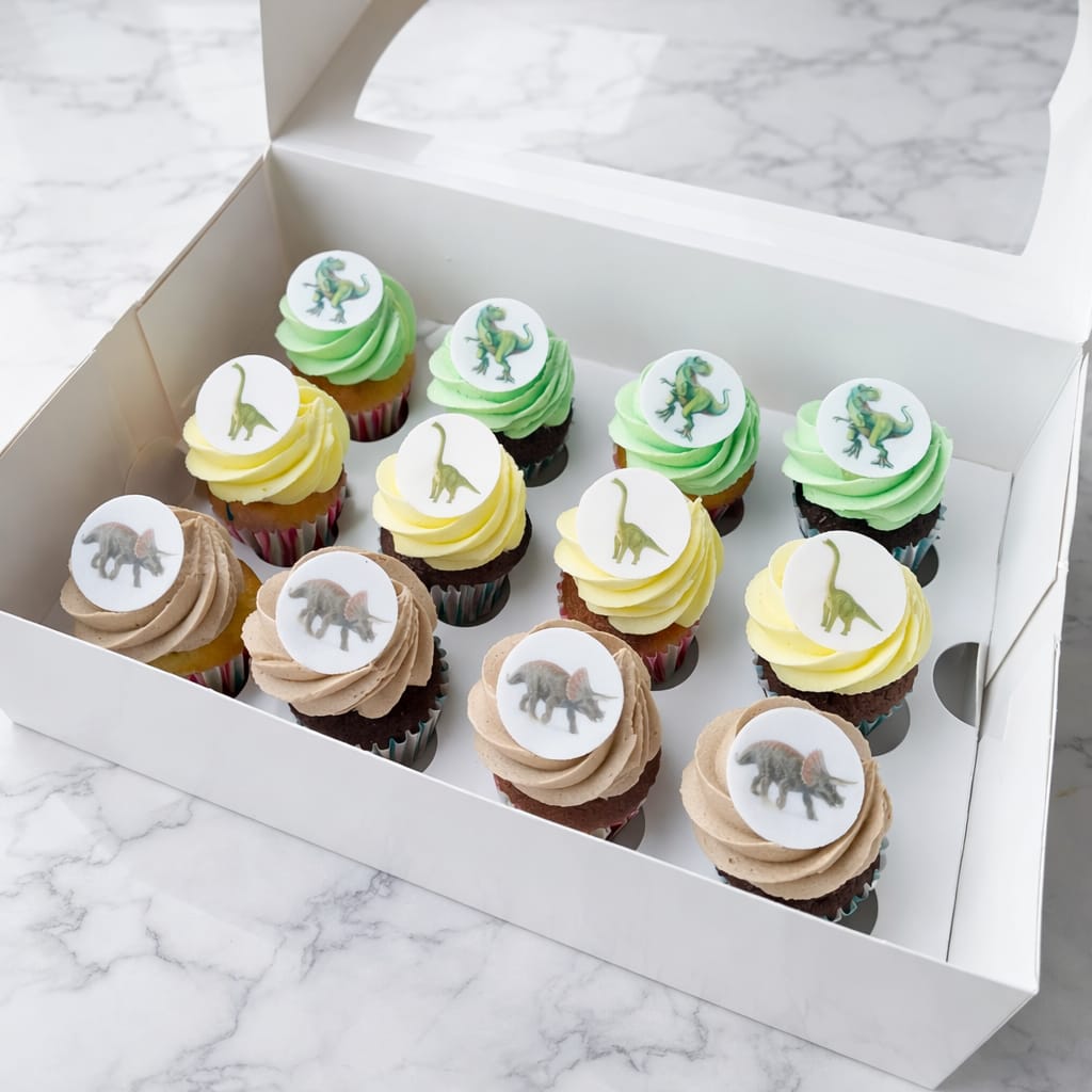12 Dino Cupcakes Box with colorful fondant dinosaur images on vanilla and chocolate cupcakes, perfect for themed parties and kids’ birthdays.
