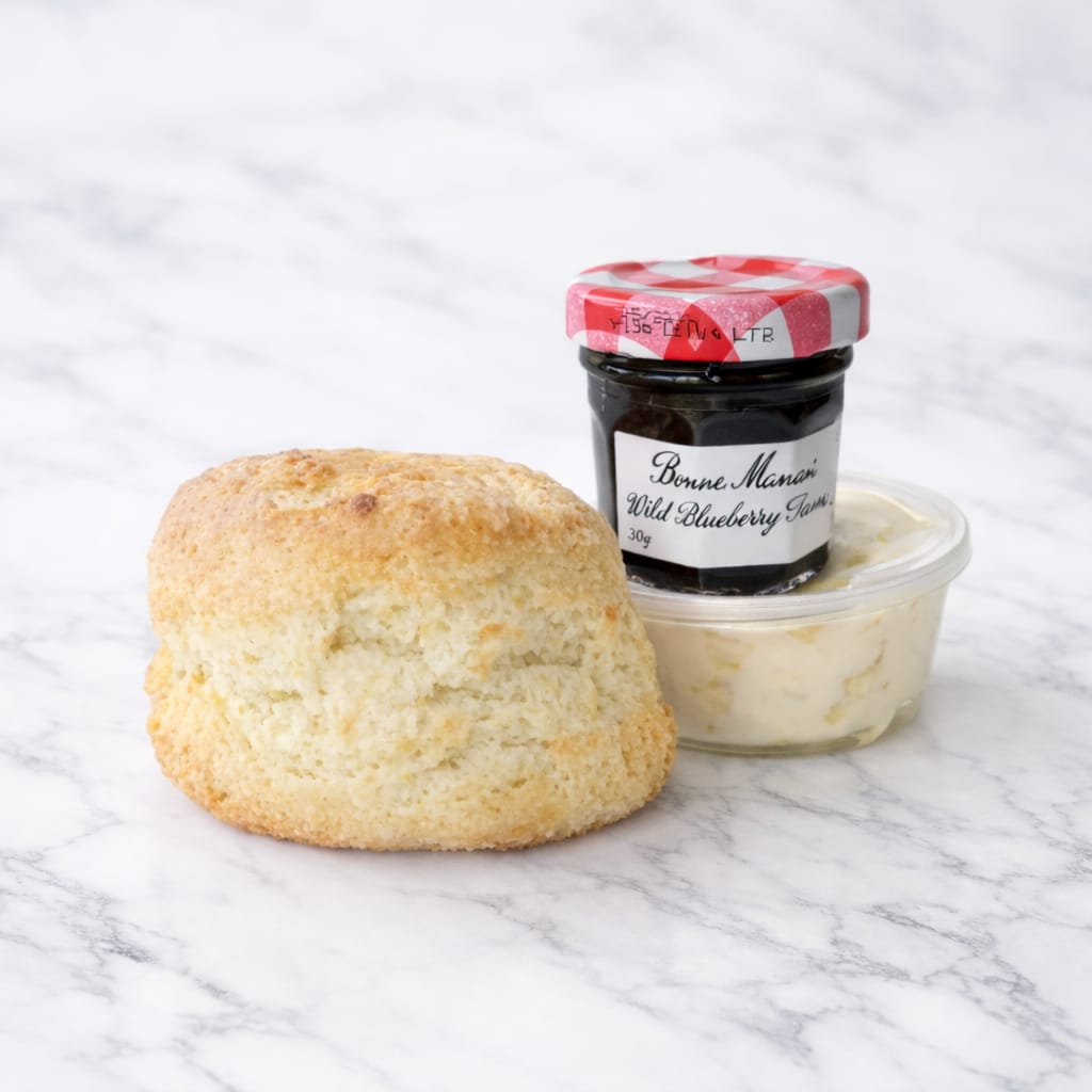 Traditional scone with clotted cream and jam.