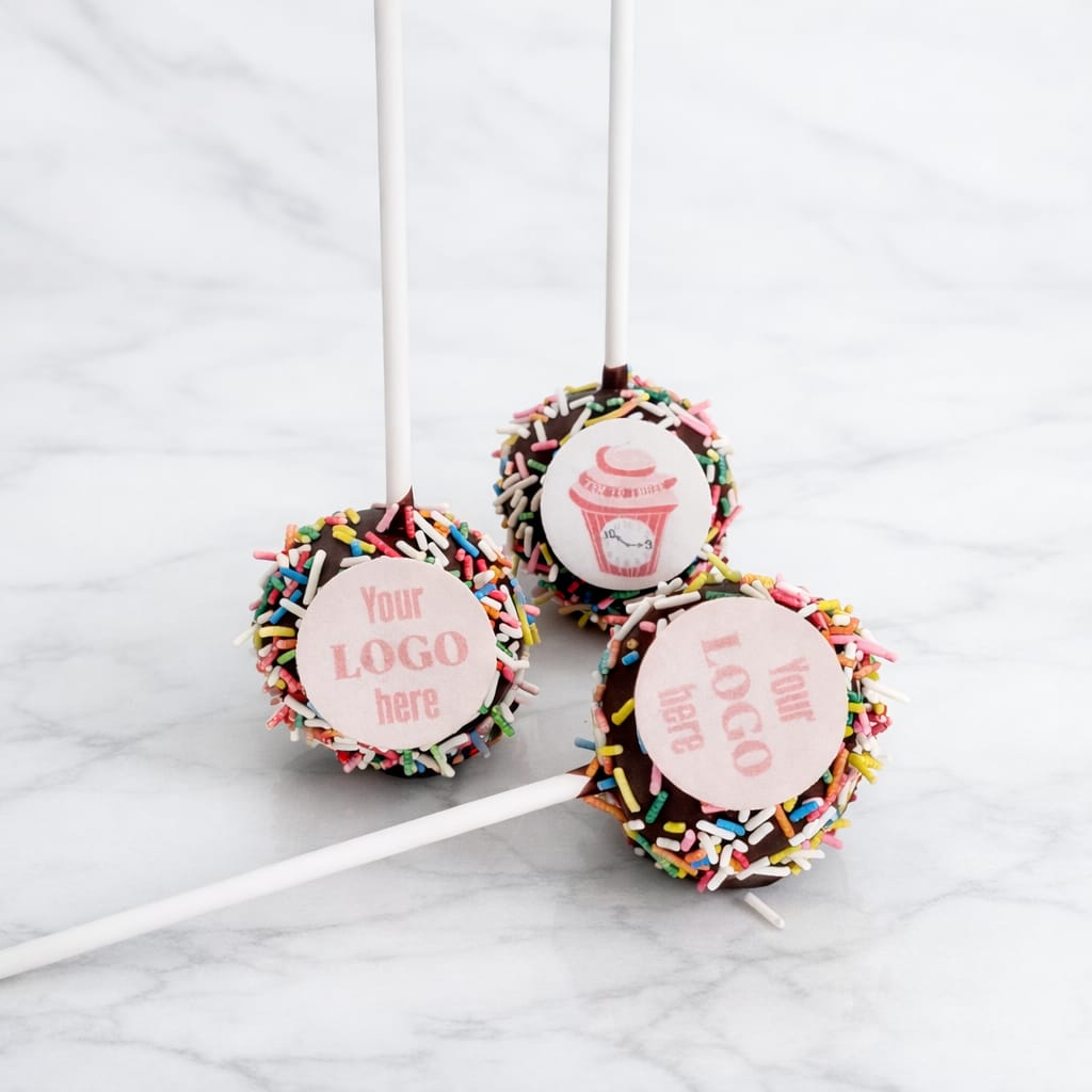 Custom logo cakepops in assorted flavors.