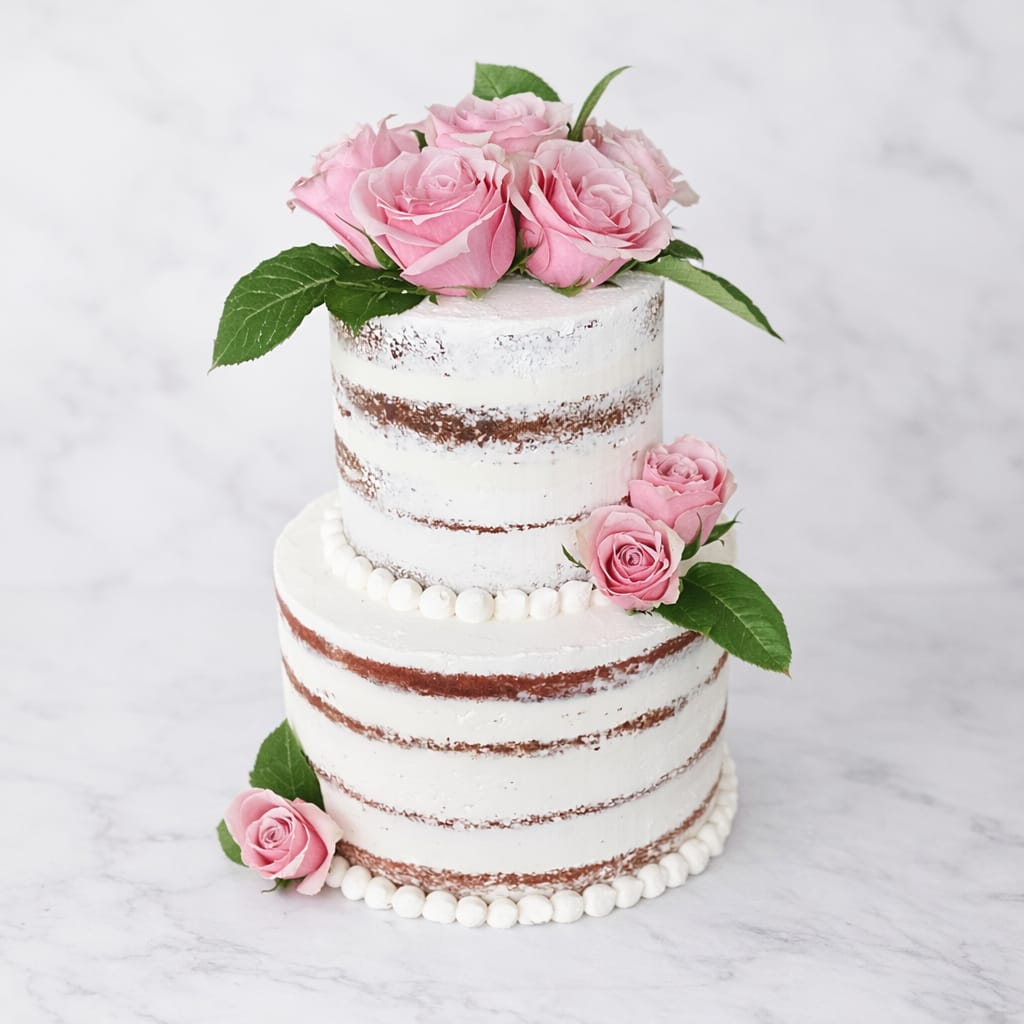 Two-tier semi-naked wedding cake adorned with pink macarons and delicate pink roses.