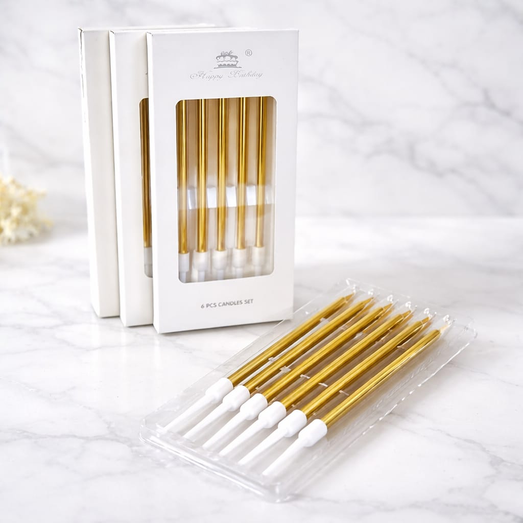 Box of 6 Gold Taper Candles for Cake Decoration
