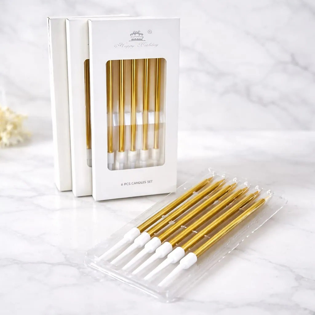 Box of 6 Gold Taper Candles for Cake Decoration