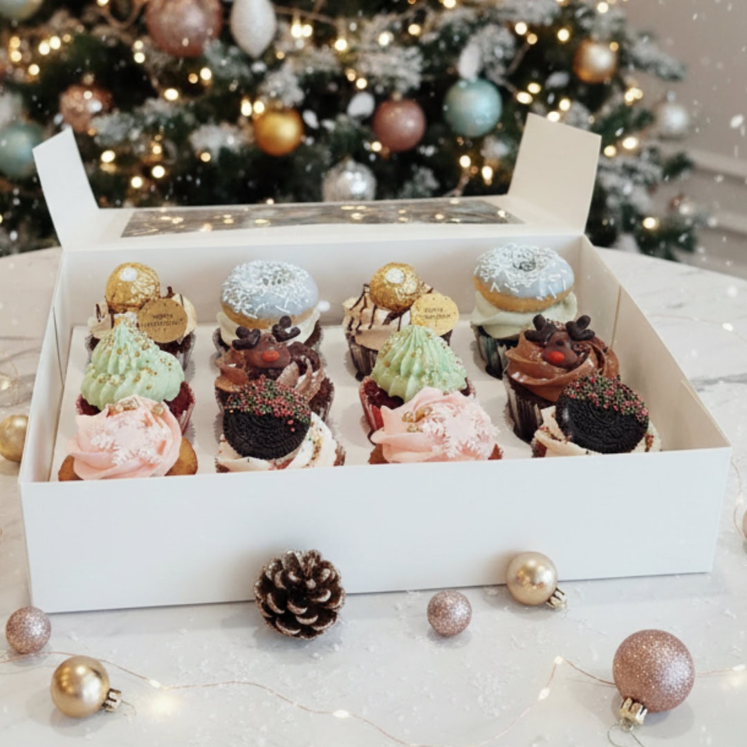 12 Christmas Cupcake Box with customizable flavors and festive decorations.