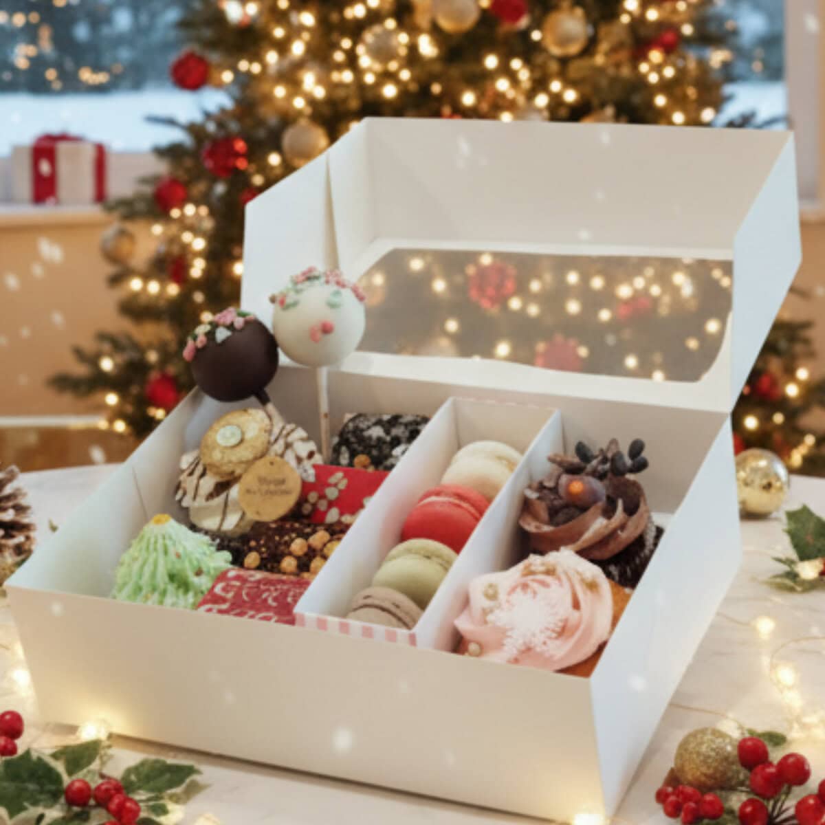 Christmas Gift Box with cupcakes, brownies, macarons, and cakepops in festive packaging.