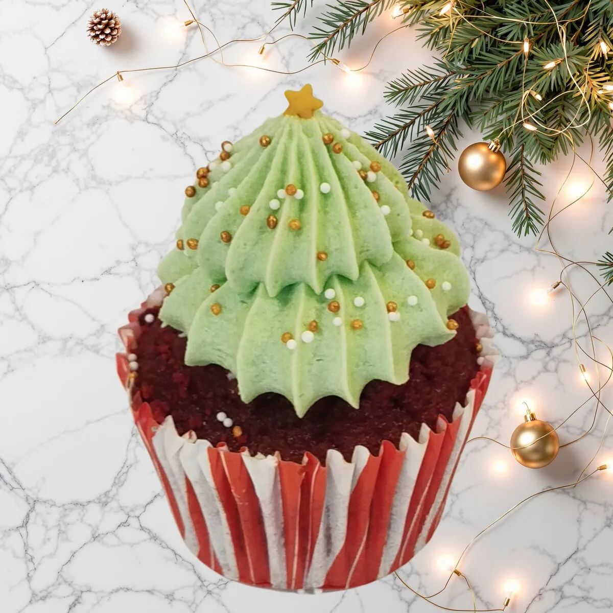 Christmas Red Velvet Cupcake with festive tree.