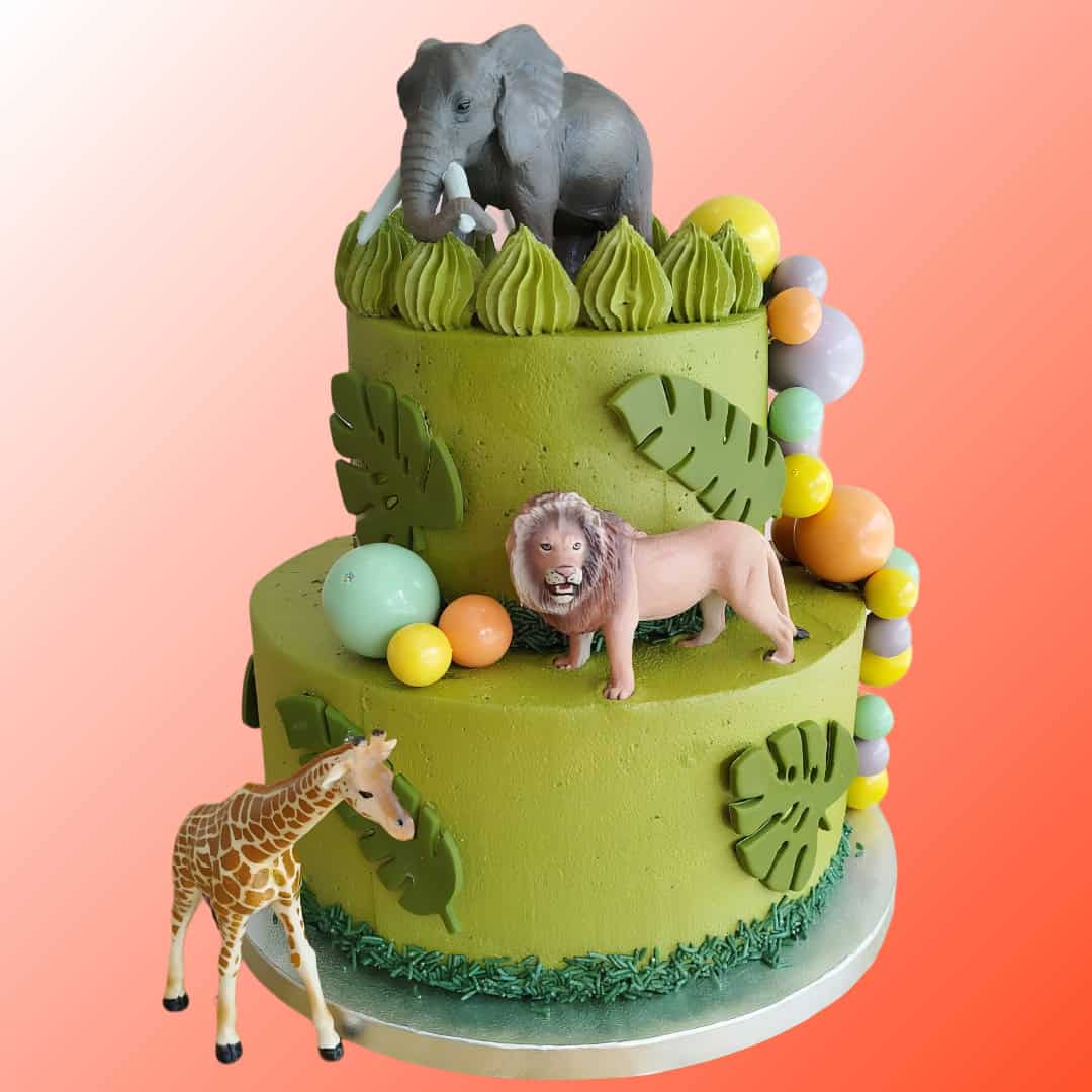 Jungle Party Cake with Green Buttercream and Animal Toppers