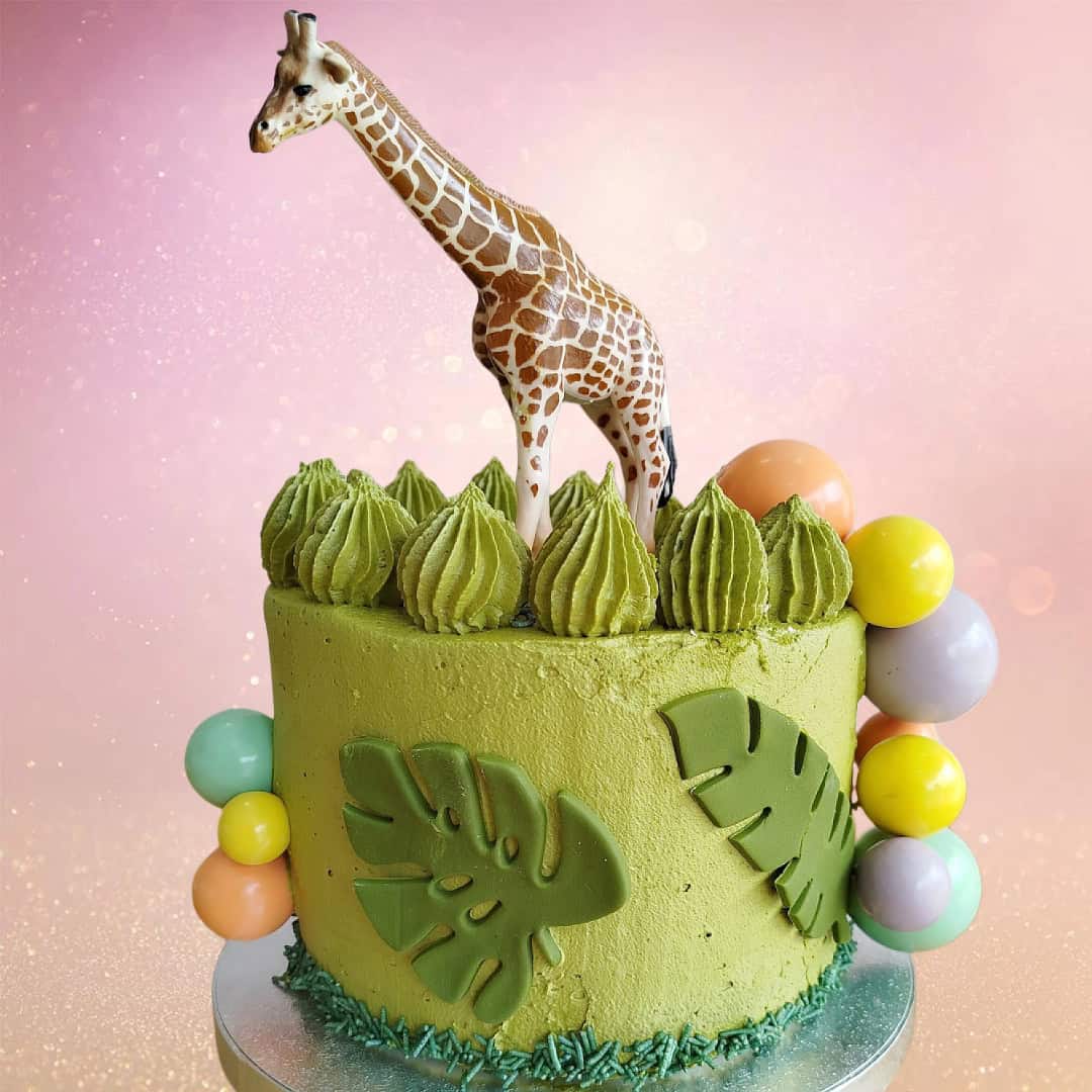 ungle Party Cake with Green Buttercream and Animal Toppers - one tier