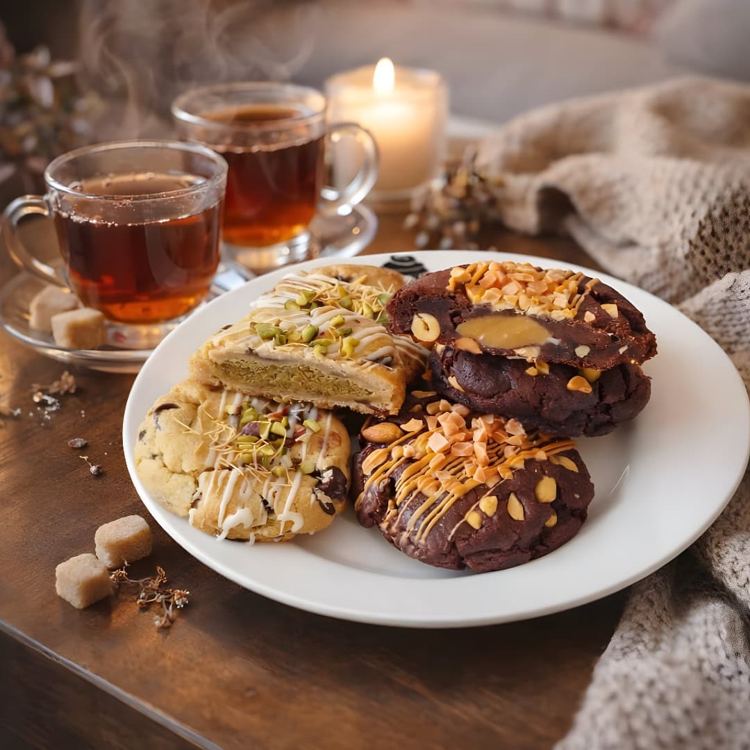 Luxury letterbox cookies with pistachio chocolate and chocolate peanut salted caramel, served with tea in a cosy setting